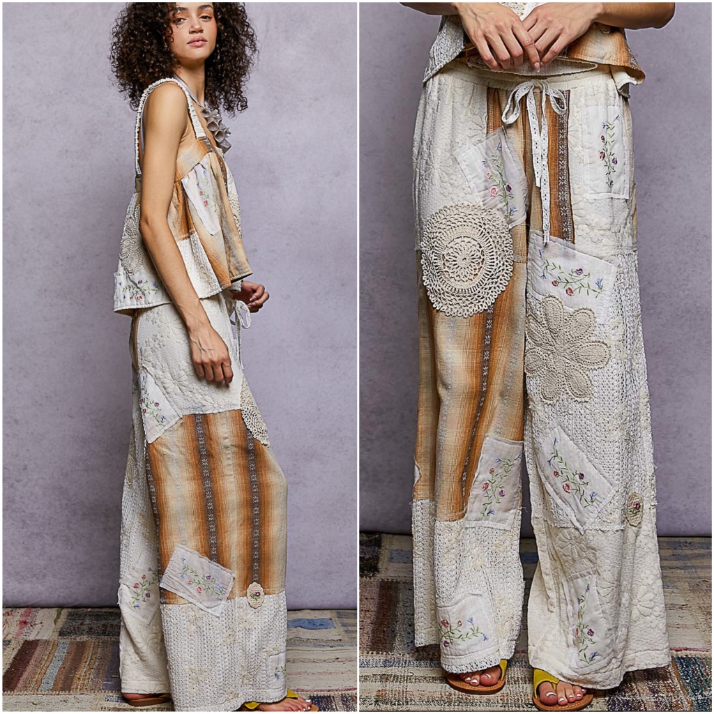 Pol Floral Crochet Embroidered Color Block Stretchy Drawstring Waist Pants